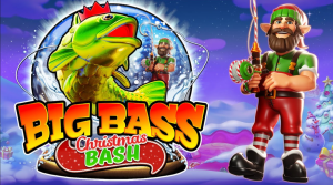 Imagem festiva do caça-níquel Big Bass Christmas Bash, mostrando um cenário de Natal com símbolos de pesca."